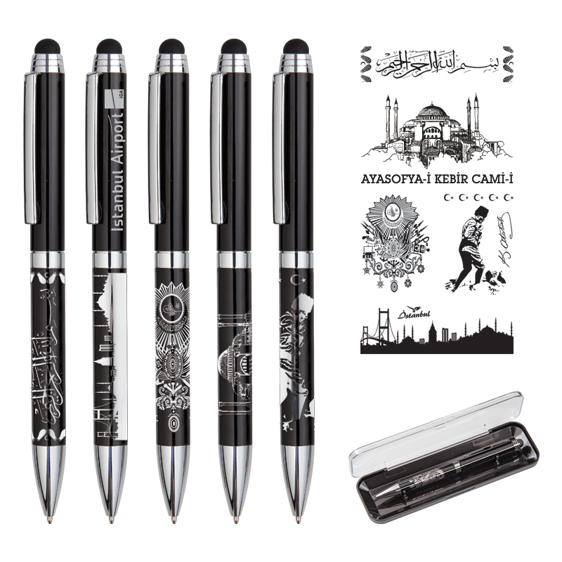 Promosyon Kabartma Figürlü Metal Tükenmez Touchpen Kalem Seti